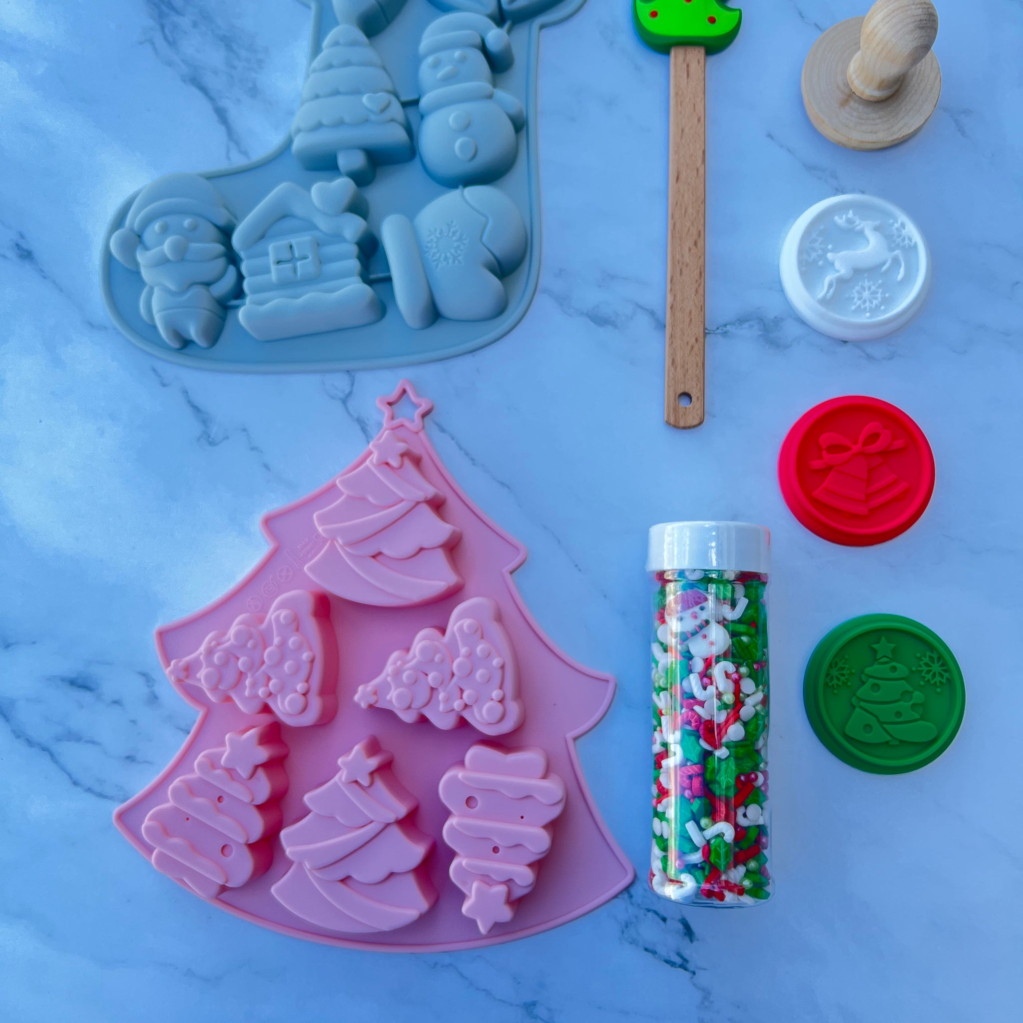 Christmas Baking Kit - 6-Cavity Stocking and Tree Molds, Three-Piece Cookie Cutter, Variety Spatula, Limited Edition Christmas Sprinkles